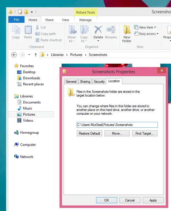 Change Screenshots Folder in Windows 8