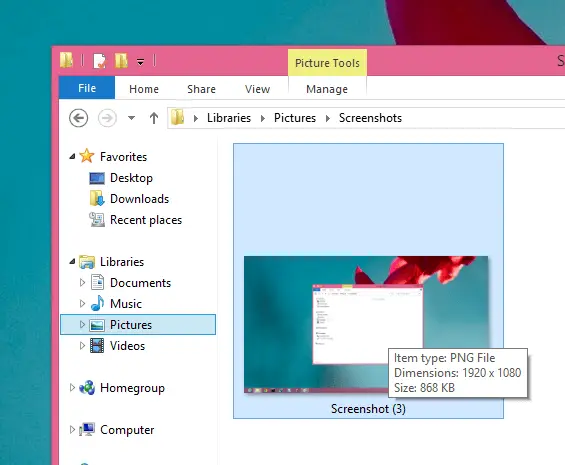 Screenshot in Pictures Library of Windows 8