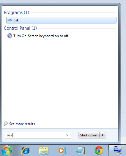 Search for osk on Windows 7 to Locate On-Screen Keyboard in Windows 7