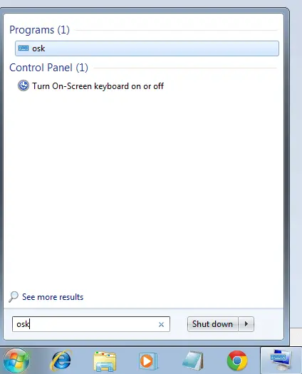 Search for osk on Windows 7 to Locate On-Screen Keyboard in Windows 7